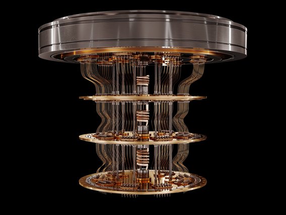 Ein modernes Quantencomputer-Bauteil mit goldfarbenen Kreisen und feinen Metalldrähten in einer künstlerischen Darstellung.