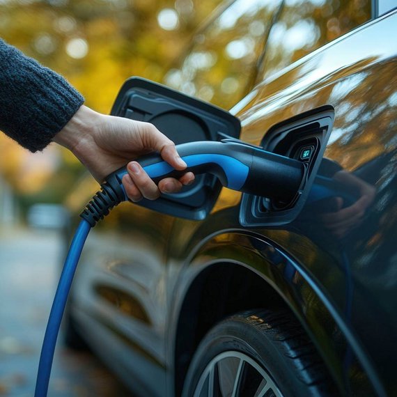 E-Auto Laden Hand steckt Ladekabel in Elektroauto – Symbol für nachhaltige Mobilität und Sektorkopplung im Verkehrssektor.