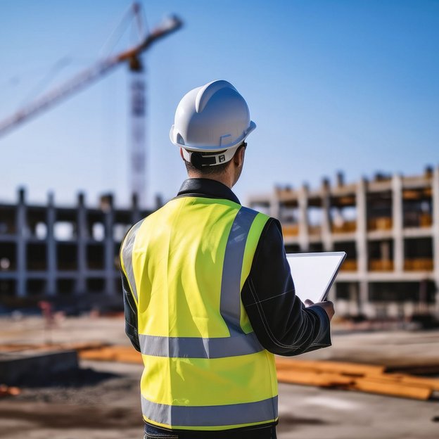 Bauleiter mit Tablet überwacht die Baustelle mit Kran und Bauarbeiten im Hintergrund