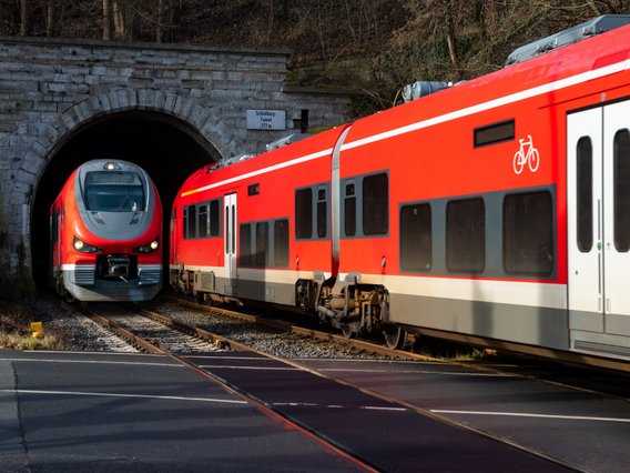 Roter Regionalzug fährt aus einem Tunnel, ein weiterer Zug steht daneben, Bahnübergang und Schild „Sackberg-Tunnel“ sichtbar.