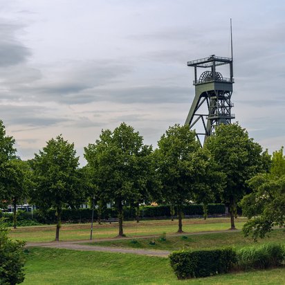 Förderturm in Oberhausen hinter einer Baumreihe in einer grünen Parklandschaft