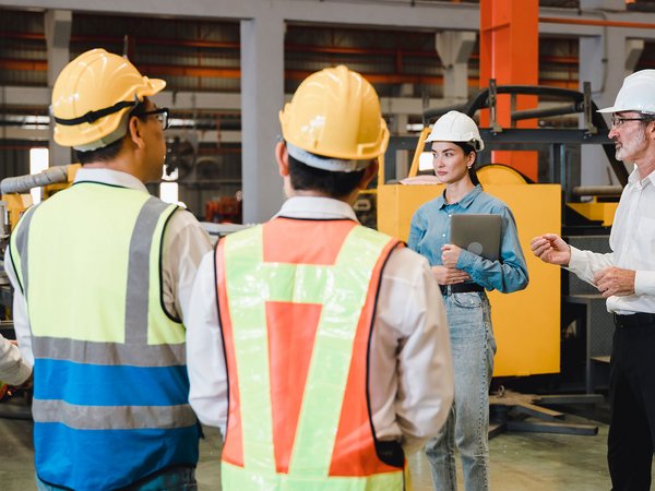 Gruppe von Fachkräften mit Warnwesten und Helmen bei einer Besprechung in der Industriehalle