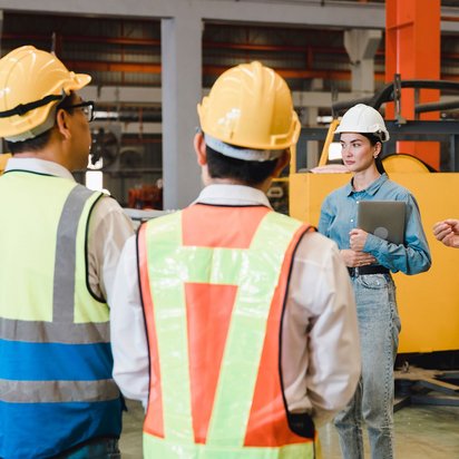 Gruppe von Fachkräften mit Warnwesten und Helmen bei einer Besprechung in der Industriehalle
