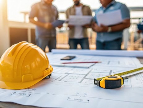 Gelber Bauhelm auf einem Tisch mit Bauplänen und einem Maßband, im Hintergrund stehen unscharfe Bauingenieure mit Dokumenten.