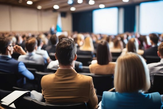 Teilnehmende verfolgen eine Präsentation bei einem Symposium im Konferenzsaal.