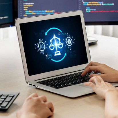 KI-Verordnung und Rechte Darstellung einer KI-Fehlermeldung auf einem Laptop, umgeben von mehreren Bildschirmen mit Code