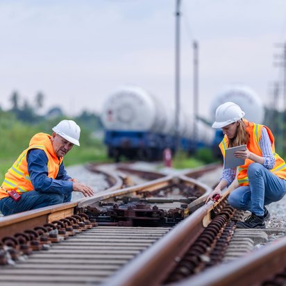 Wartungsarbeiten an Gleisanlagen durch Betriebsmitarbeitende im sicherheitsrelevanten Eisenbahnbetrieb.