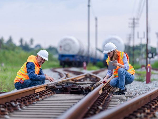 Wartungsarbeiten an Gleisanlagen durch Betriebsmitarbeitende im sicherheitsrelevanten Eisenbahnbetrieb.