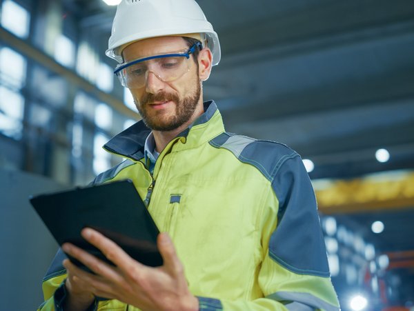 Person in Sicherheitskleidung und Schutzhelm arbeitet mit einem Tablet in einer industriellen Umgebung.