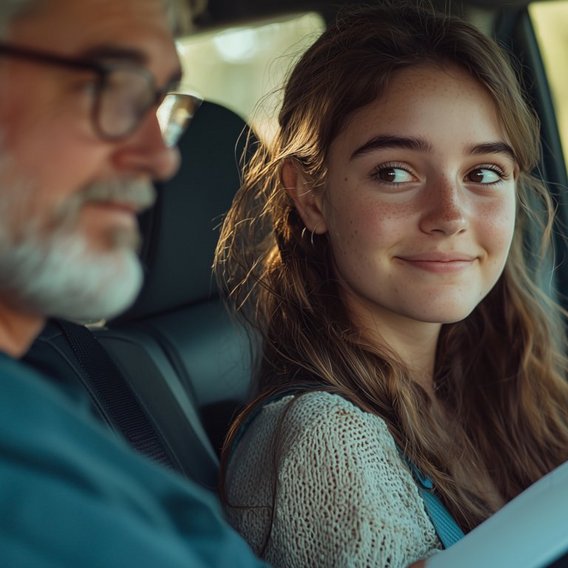 Fahrprüfung im Auto mit Fahrprüfer und Fahrschülerin