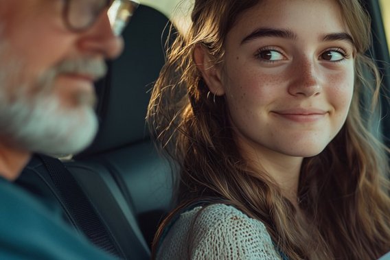 Fahrprüfung im Auto mit Fahrprüfer und Fahrschülerin
