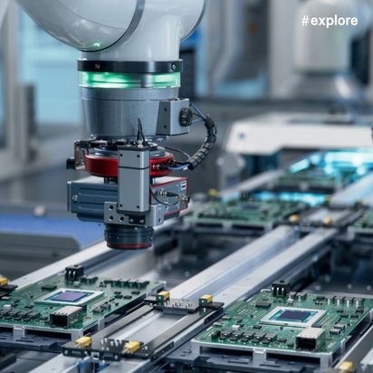 Industrieroboter mit grünen LED-Ringen arbeiten präzise an Computerplatinen auf automatisierter Fertigungslinie.