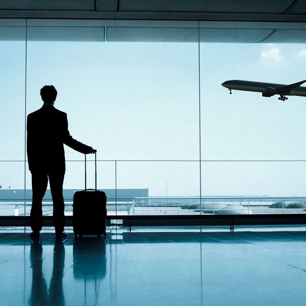 Geschäftsmann mit Koffer steht am Flughafen und blickt auf ein abfliegendes Flugzeug