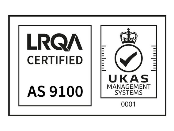 Zertifizierungslogos von LRQA und UKAS für AS 9100 Managementsysteme.