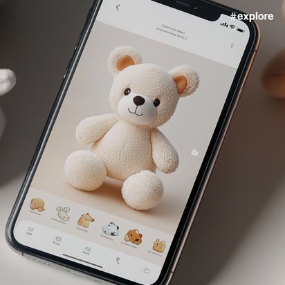 Ein Smartphone zeigt ein Bild eines Teddybären, umgeben von verschiedenen Stofftieren wie einem weißen Hasen und weiteren Teddybären.