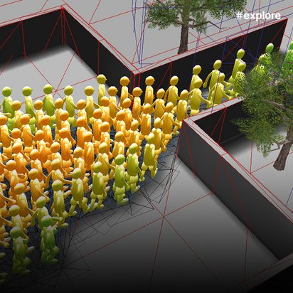 3D-Computergrafik zeigt hunderte menschenförmige Figuren in gelb-grünen Farbtönen auf grauem Untergrund. Rote und blaue Gitterlinien visualisieren die digitale Modellierung und Architekturelemente im Hintergrund.