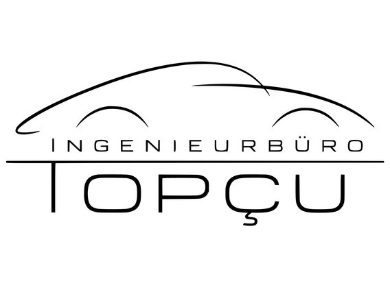 Logo Ingenieurbüro Topçu Schwarz-weißes Logo mit Schriftzug „Ingenieurbüro Topçu“ und stilisierter Autolinie darüber.