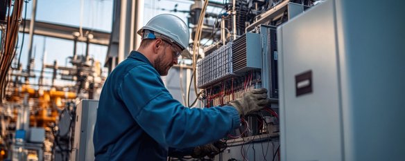 Techniker mit Helm arbeitet an einem Schaltschrank in einer Industrieanlage.