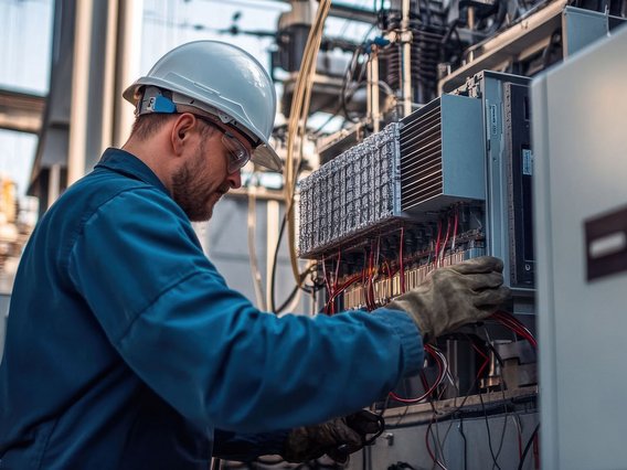 Wartungsarbeiten am Schaltschrank in industrieller Produktionsanlage. Techniker mit Helm arbeitet an einem Schaltschrank in einer Industrieanlage.