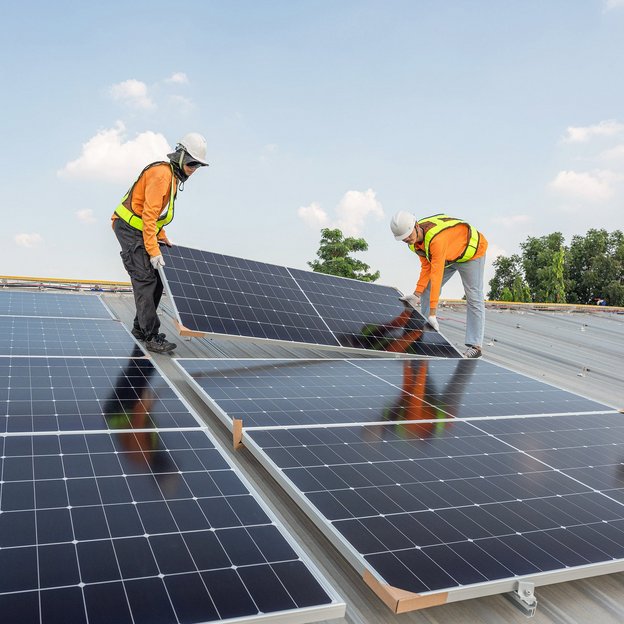 Zwei Arbeiter montieren Solarpanels auf einem Dach bei sonnigem Wetter.