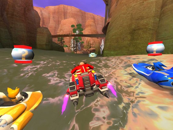 Futuristische Rennszene mit bunten Hovercrafts in einer Wüstencanyon-Umgebung, wo rote, blaue und gelbe Fahrzeuge um Checkpoints mit violetten Strahlen kämpfen.