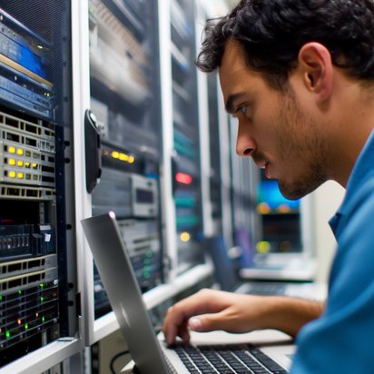 Techniker arbeitet mit Laptop an Servern in einem Rechenzentrum.