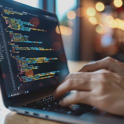 Person programmiert auf einem Laptop, bunte Codezeilen sind auf dem Bildschirm sichtbar.