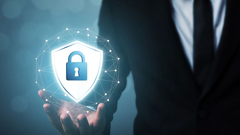 Protection network security computer and safe your data concept, Businessman holding shield protect icon