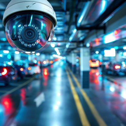 Überwachungskamera in einem beleuchteten Parkhaus