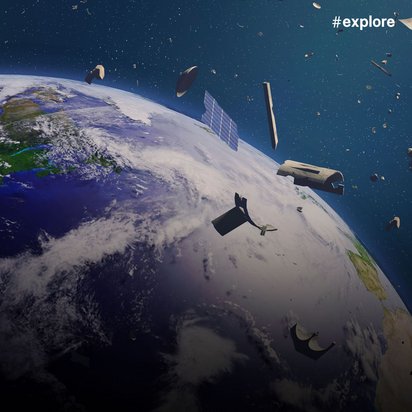 Blick auf die Erde aus dem Weltraum mit zahlreichen Satelliten und Weltraumschrott, die als kleine Objekte um den Planeten kreisen.