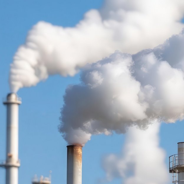 Schornstein mit weißem Rauch vor blauem Himmel – Symbol für Emissionen aus Industrieanlagen