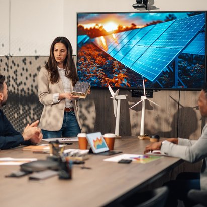 Frau präsentiert in Meeting über erneuerbare Energien mit Modellen von Windrädern und Solarenergie auf dem Bildschirm.