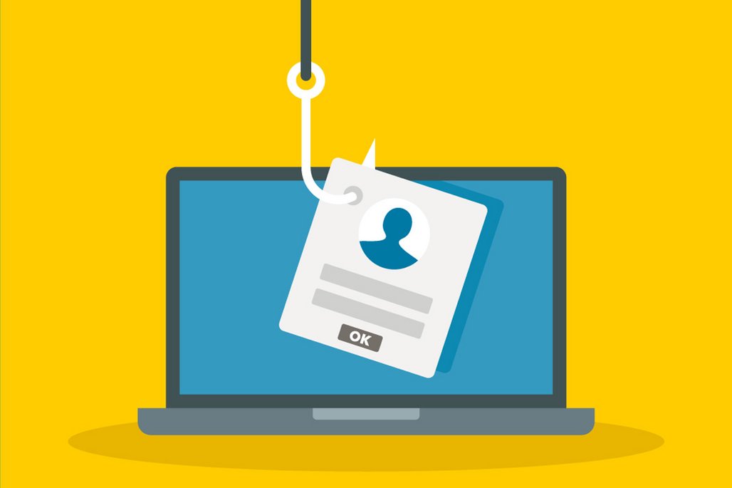 Ein Laptop mit gelbem Hintergrund, aus dessen Bildschirm ein Angelhaken ein Login-Formular mit Benutzerprofil herausangelt. Symbolisiert Phishing-Angriffe, die versuchen, Anmeldedaten zu stehlen.