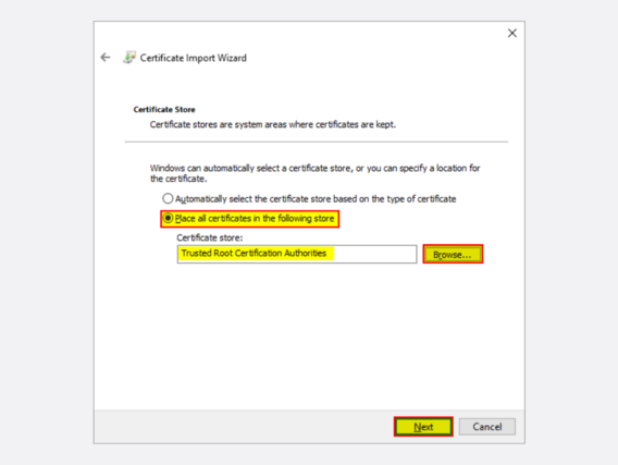 Certificate Import Wizard with selection and highlighted button