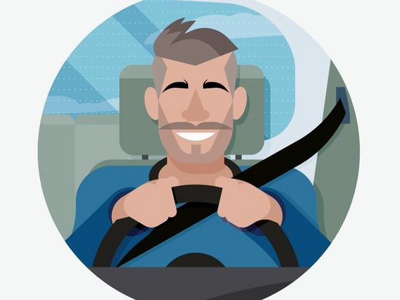 Illustration eines lächelnden Mannes mit Bart, der mit beiden Händen ein Lenkrad hält. Er sitzt am Fahrersitz eines Autos und trägt einen Sicherheitsgurt.