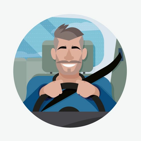 Illustration eines lächelnden Mannes mit Bart, der mit beiden Händen ein Lenkrad hält. Er sitzt am Fahrersitz eines Autos und trägt einen Sicherheitsgurt.