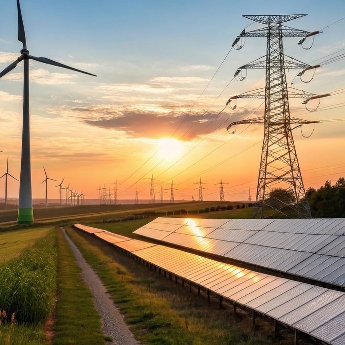 Solaranlagen, Windräder und Strommasten bei Sonnenuntergang auf einem Feld