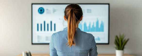 Frau betrachtet eine große Bildschirmanzeige mit blauen Diagrammen und Datenvisualisierungen.