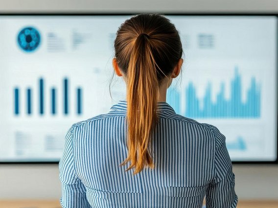 Frau betrachtet eine große Bildschirmanzeige mit blauen Diagrammen und Datenvisualisierungen.