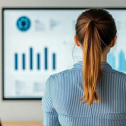 Frau betrachtet eine große Bildschirmanzeige mit blauen Diagrammen und Datenvisualisierungen.