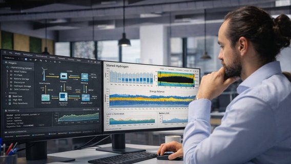 KI-generierte Visualisierung einer Energiefluss-Simulation eines Wasserstoff-Energiesystems mit Windenergie, Elektrolyse und Energiespeicherung.