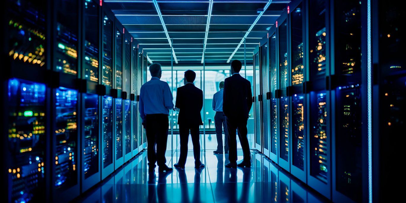 Vier Personen stehen in einem beleuchteten Gang eines modernen Rechenzentrums, umgeben von Server-Racks, die mit blauen und gelben Lichtern leuchten. Die Umgebung vermittelt eine hochtechnologische und futuristische Atmosphäre.