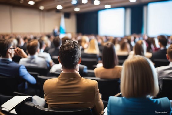 Symposium Teilnehmende verfolgen eine Präsentation bei einem Symposium im Konferenzsaal.