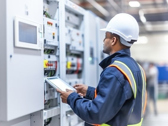 Eine Elektrofachkraft mit Helm und Arbeitsschutzkleidung prüft einen Schaltschrank in einem Industriebetrieb.