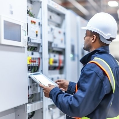 Eine Elektrofachkraft mit Helm und Arbeitsschutzkleidung prüft einen Schaltschrank in einem Industriebetrieb.