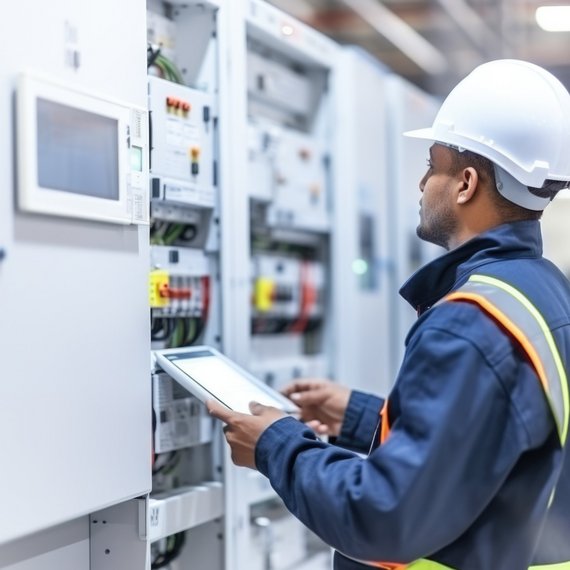 Eine Elektrofachkraft mit Helm und Arbeitsschutzkleidung prüft einen Schaltschrank in einem Industriebetrieb.
