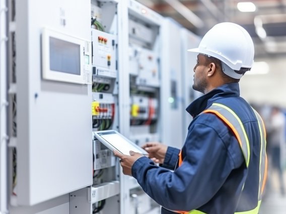 TÜV NORD-VdS-Prüfung Eine Elektrofachkraft mit Helm und Arbeitsschutzkleidung prüft einen Schaltschrank in einem Industriebetrieb.
