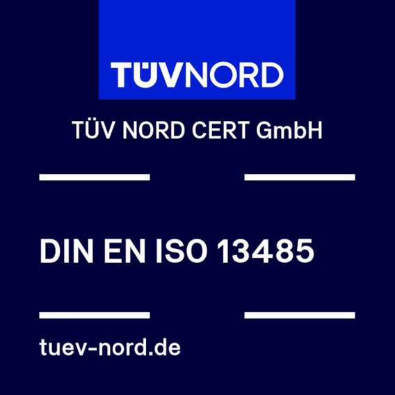 TÜV NORD test mark for DIN EN ISO 13485, confirming compliance with quality management standards for medical devices