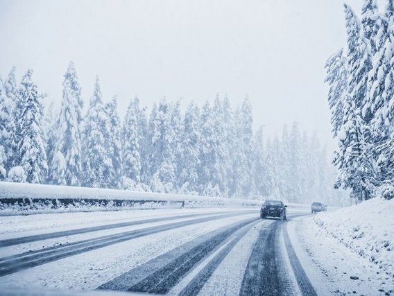 Eine schneebedeckte Winterstraße mit Autos, die durch einen Wald fahren. Schneebeladene Nadelbäume säumen beide Straßenseiten, und Reifenspuren sind in den verschneiten Bedingungen sichtbar.