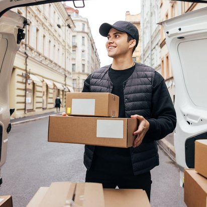 Kurierfahrer lädt Pakete aus einem Lieferwagen in einer städtischen Umgebung aus.